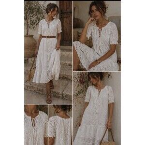 OPT Boho White Eyelet Embroidered Dress Womens Size L Romantic Peasant Lace